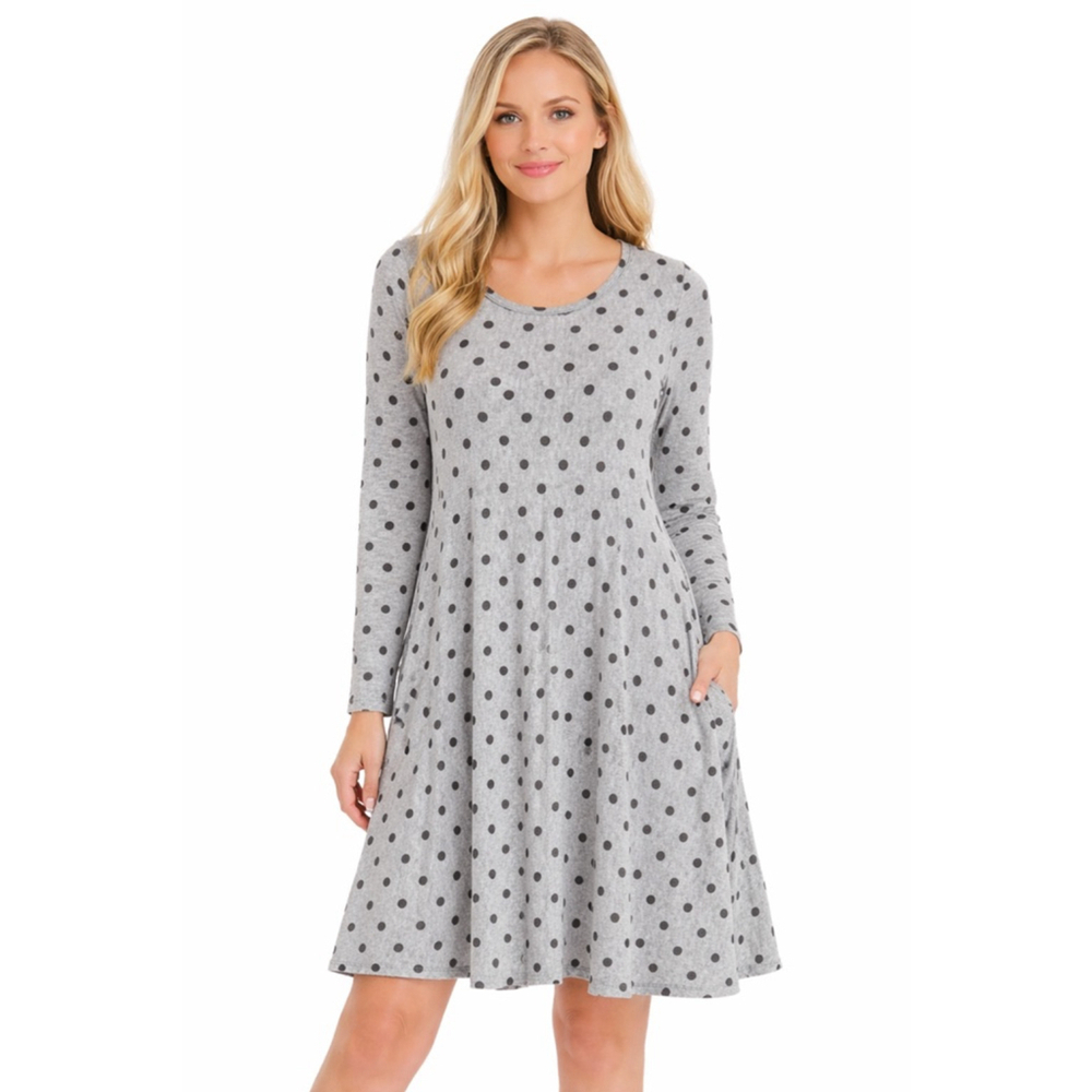 Women's Angela Mara Gray Black Polka Dot Long Sleeve Dress S